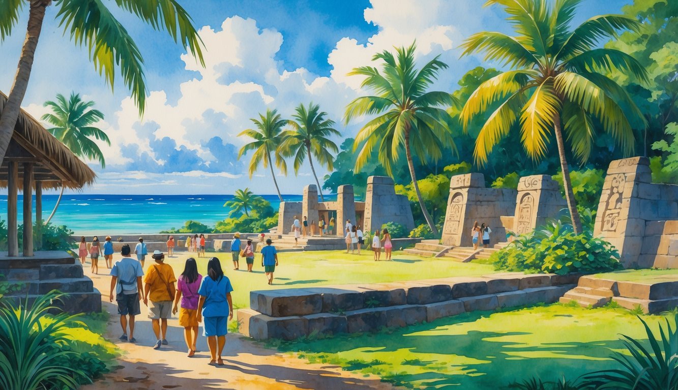 People walking and exploring ancient stone structures surrounded by tropical trees and greenery near the ocean at a historical park.