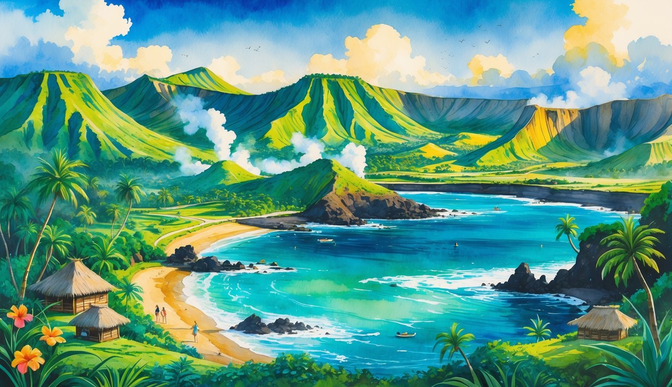 A colorful scene of the Big Island showing volcanic mountains, black sand beaches, tropical forests, palm trees, and people hiking and surfing along the coast.