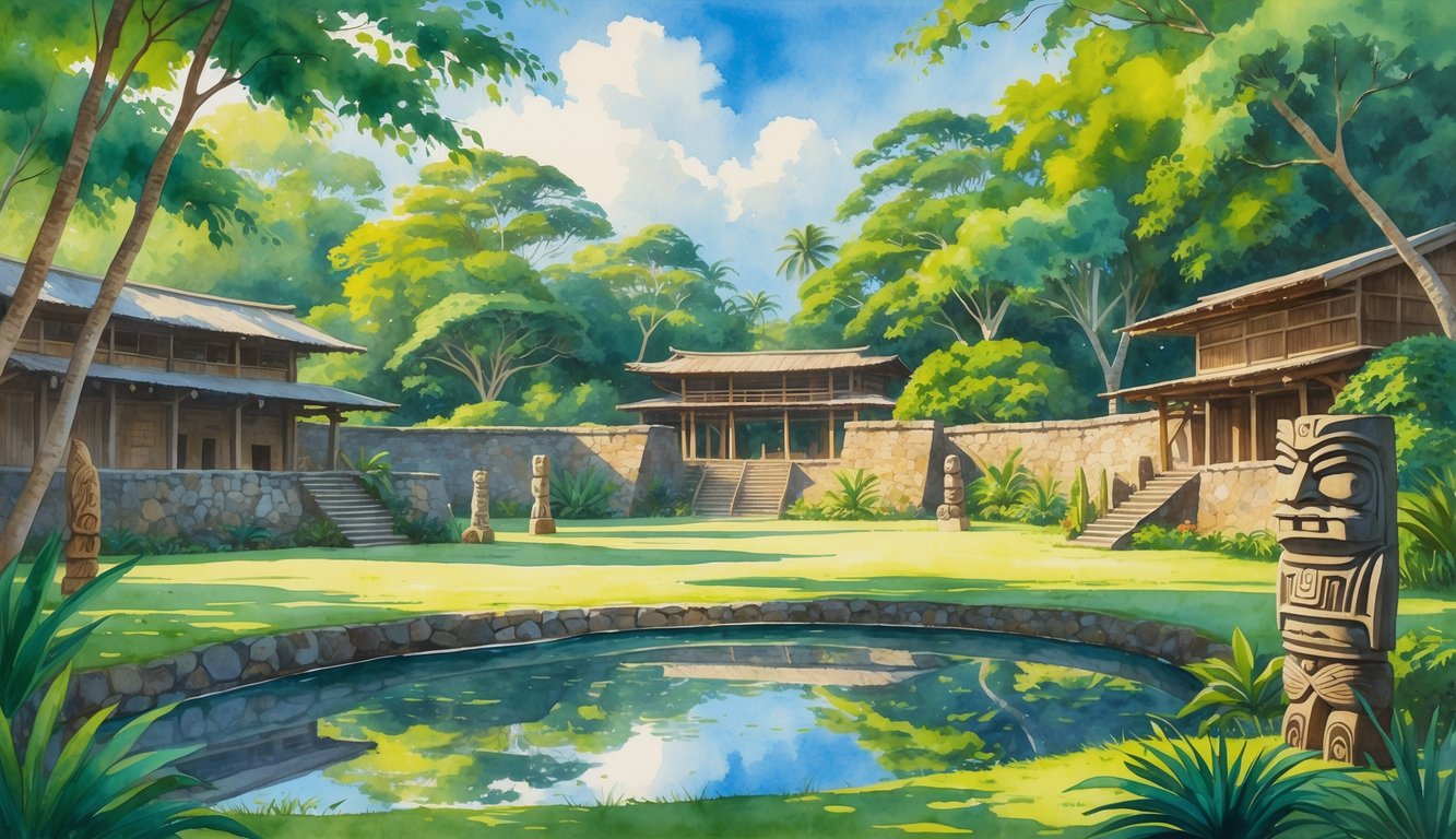 A peaceful tropical park scene with ancient wooden structures, stone walls, trees, and a calm pond reflecting the sky.