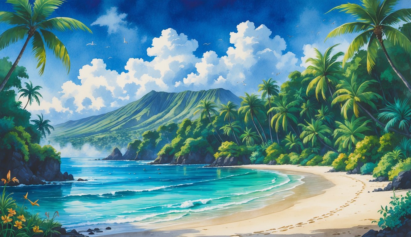 A secluded tropical beach on the Big Island with white sand, clear turquoise water, lush green palm trees, volcanic mountains in the background, and a narrow trail leading into the forest.