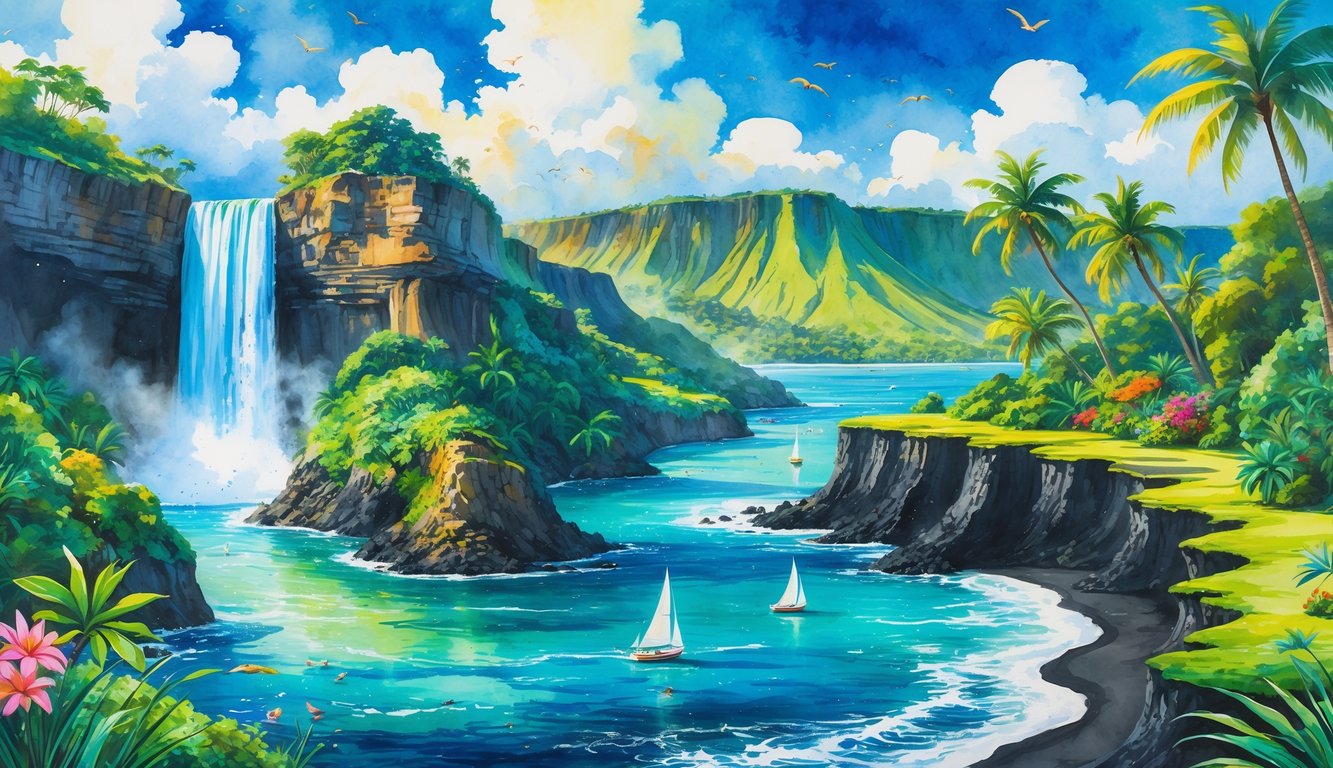 A scenic view of waterfalls, tropical rainforest, volcanic rocks, black sand beaches, and ocean waves near Hilo, Hawaii.