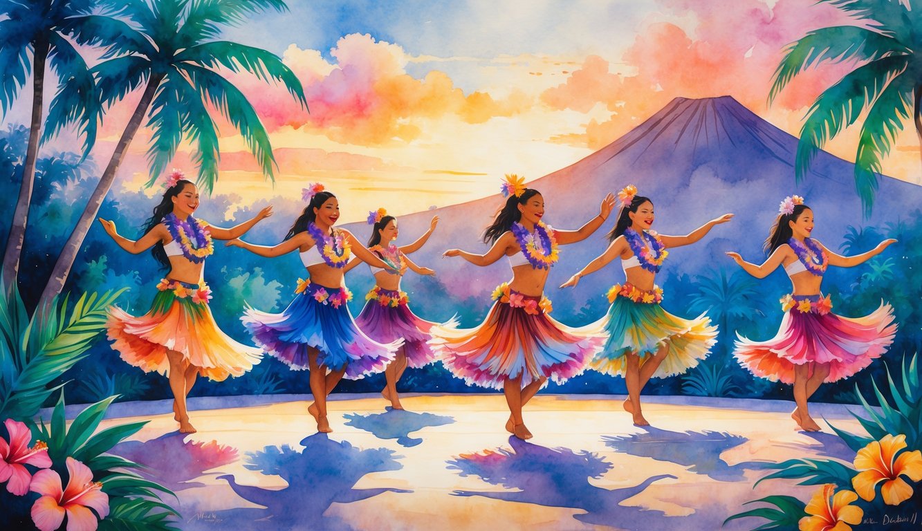 A group of Hawaiian hula dancers performing outdoors with tropical plants and a mountain in the background during sunset.