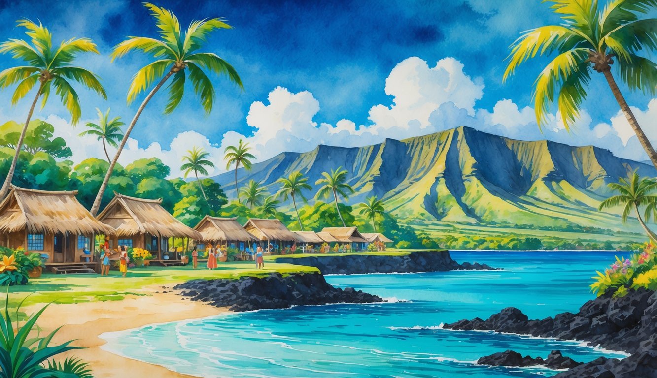 A tropical Hawaiian village with locals near the shoreline, surrounded by lush greenery, palm trees, volcanic mountains, and clear ocean waters.
