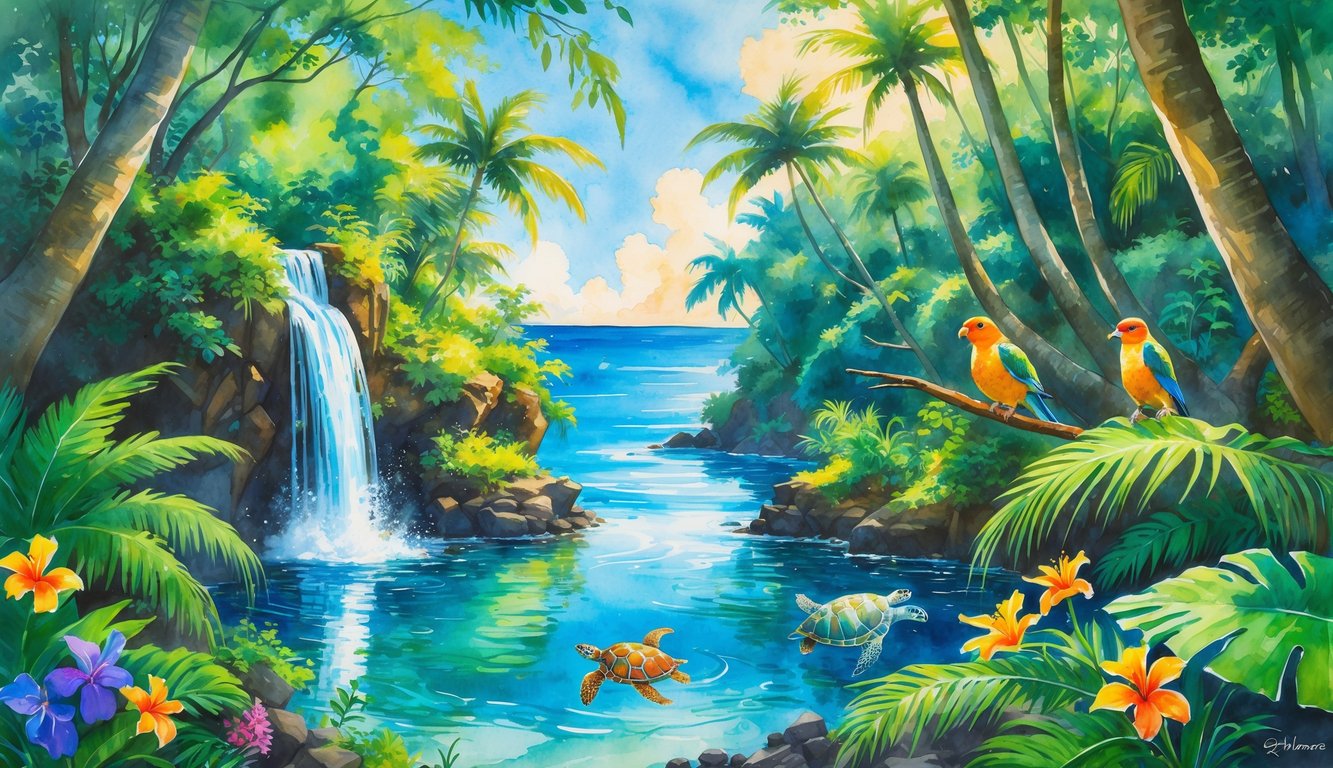 A tropical forest with a waterfall, colorful flowers, native birds, a sea turtle in the ocean, and sunlight filtering through trees.