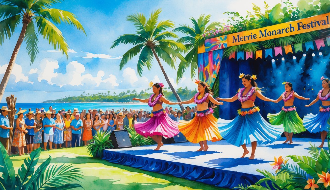 A group of Hawaiian hula dancers performing on an outdoor stage surrounded by tropical plants and a watching crowd under a clear sky.