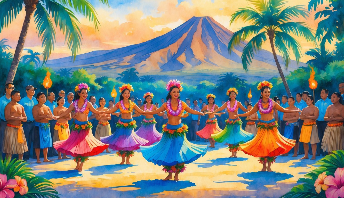A group of Hawaiian hula dancers performing outdoors surrounded by tropical plants and a volcanic landscape at sunset, with people watching nearby.