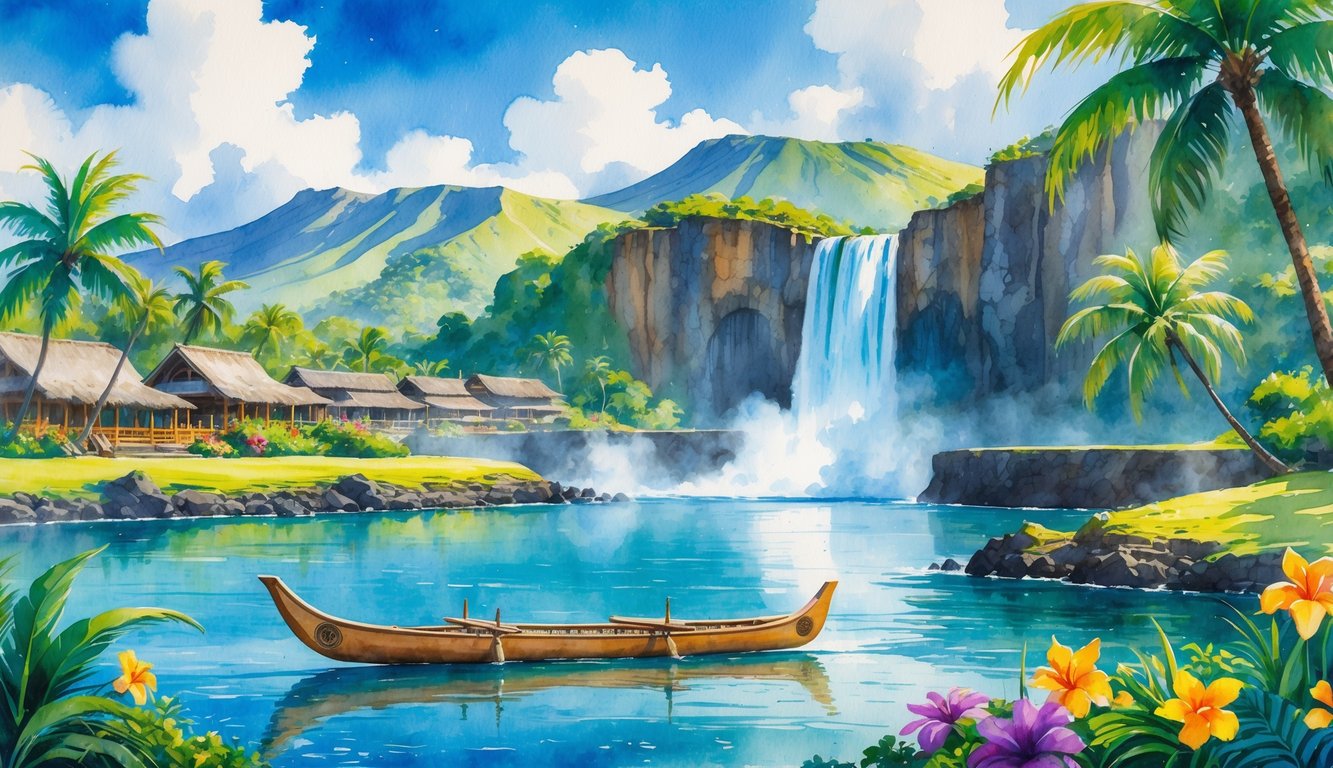 A tropical bay with a Hawaiian canoe on clear water, a waterfall flowing down cliffs, a village with traditional buildings, palm trees, and distant volcanoes under a bright sky.