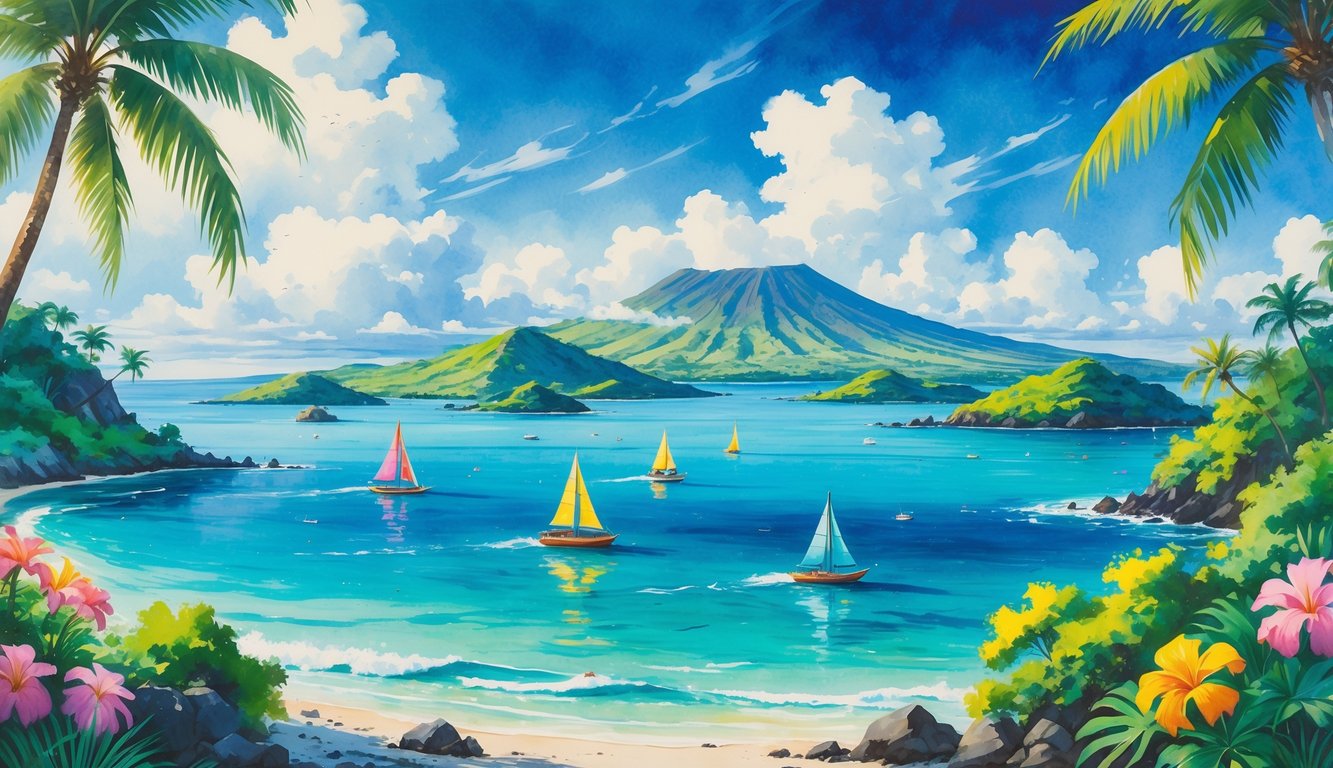 A view of several green tropical islands surrounded by clear blue ocean water with boats sailing between them, a volcanic mountain in the distance, and palm trees in the foreground under a sunny sky.