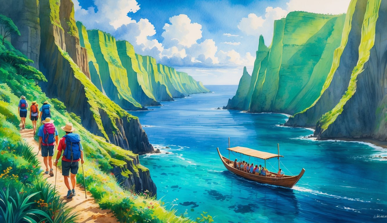 A coastal scene showing hikers on a cliffside trail and a boat sailing near tall green cliffs by the ocean.