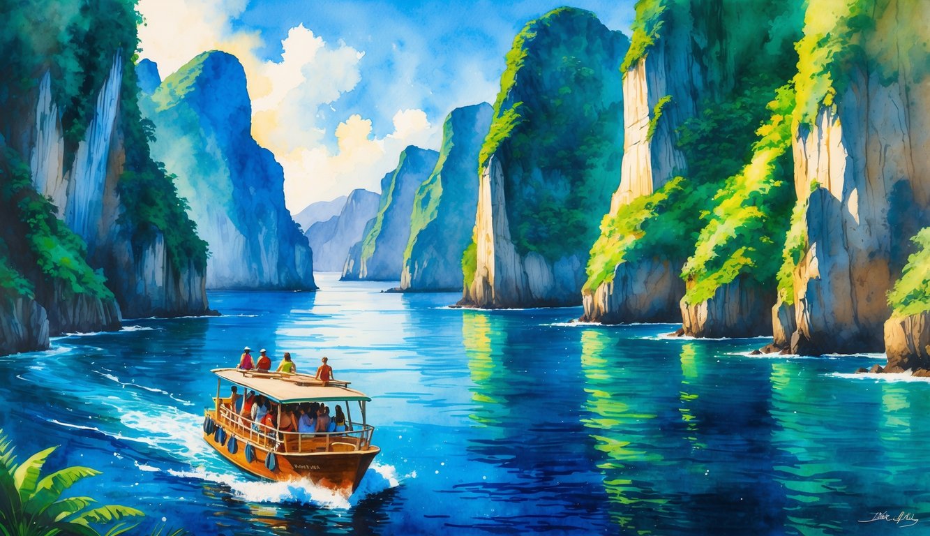 A boat sailing near tall green cliffs along a rugged coastline with hikers visible on a trail above.