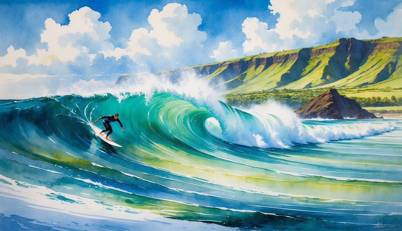 A surfer riding a large wave near the rocky coastline of the Big Island with green vegetation and a partly cloudy sky.