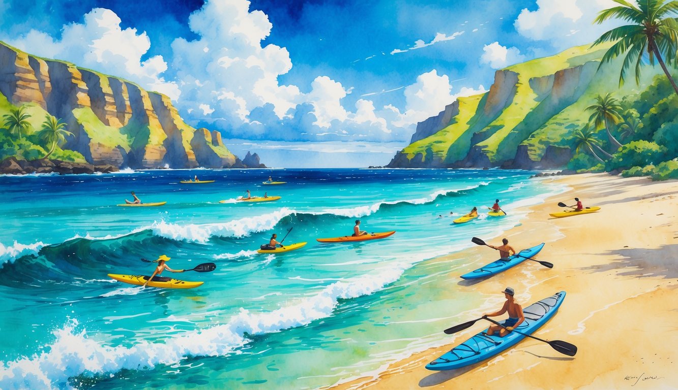 A beach scene with palm trees, people kayaking, surfing, snorkeling, and paddling a canoe near green cliffs by clear blue water.