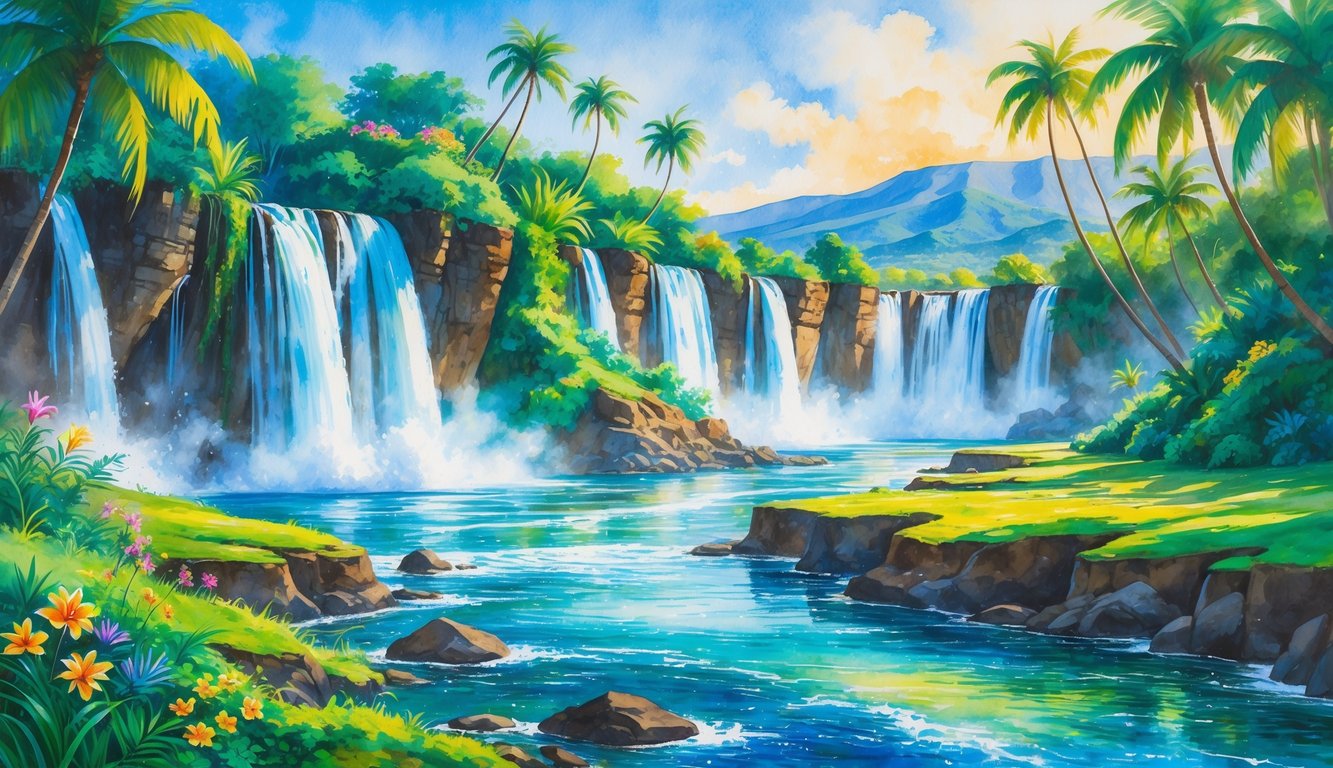 A tropical landscape with waterfalls flowing into clear rivers surrounded by lush green trees and mountains in the background.