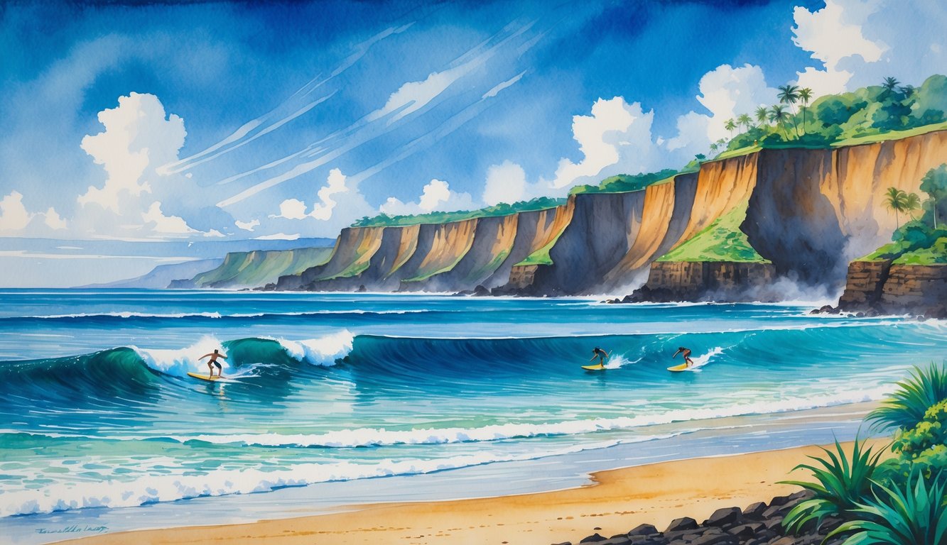 A coastal scene with surfers riding waves near rocky shores and tropical vegetation, with volcanic cliffs and a blue sky in the background.