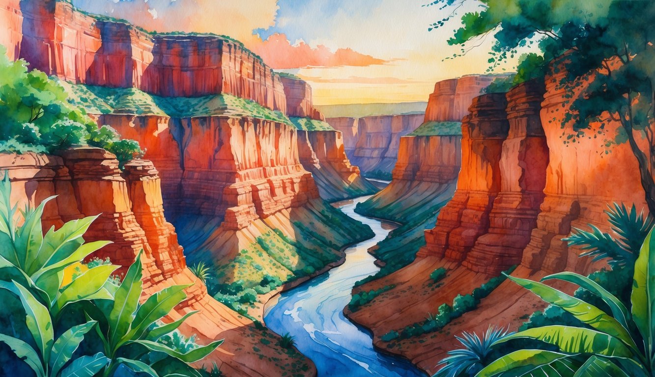 A view of Waimea Canyon with colorful cliffs, a winding river, and surrounding vegetation under a warm sky.