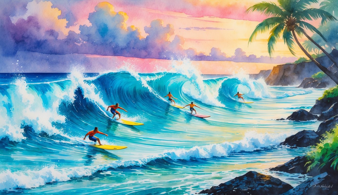 Surfers riding waves near rocky shoreline with palm trees and a colorful sky in the background.