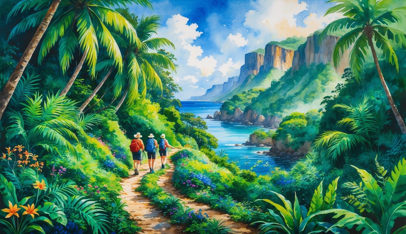 A narrow trail winding through dense tropical greenery with cliffs and a stream nearby, and hikers walking along the path.