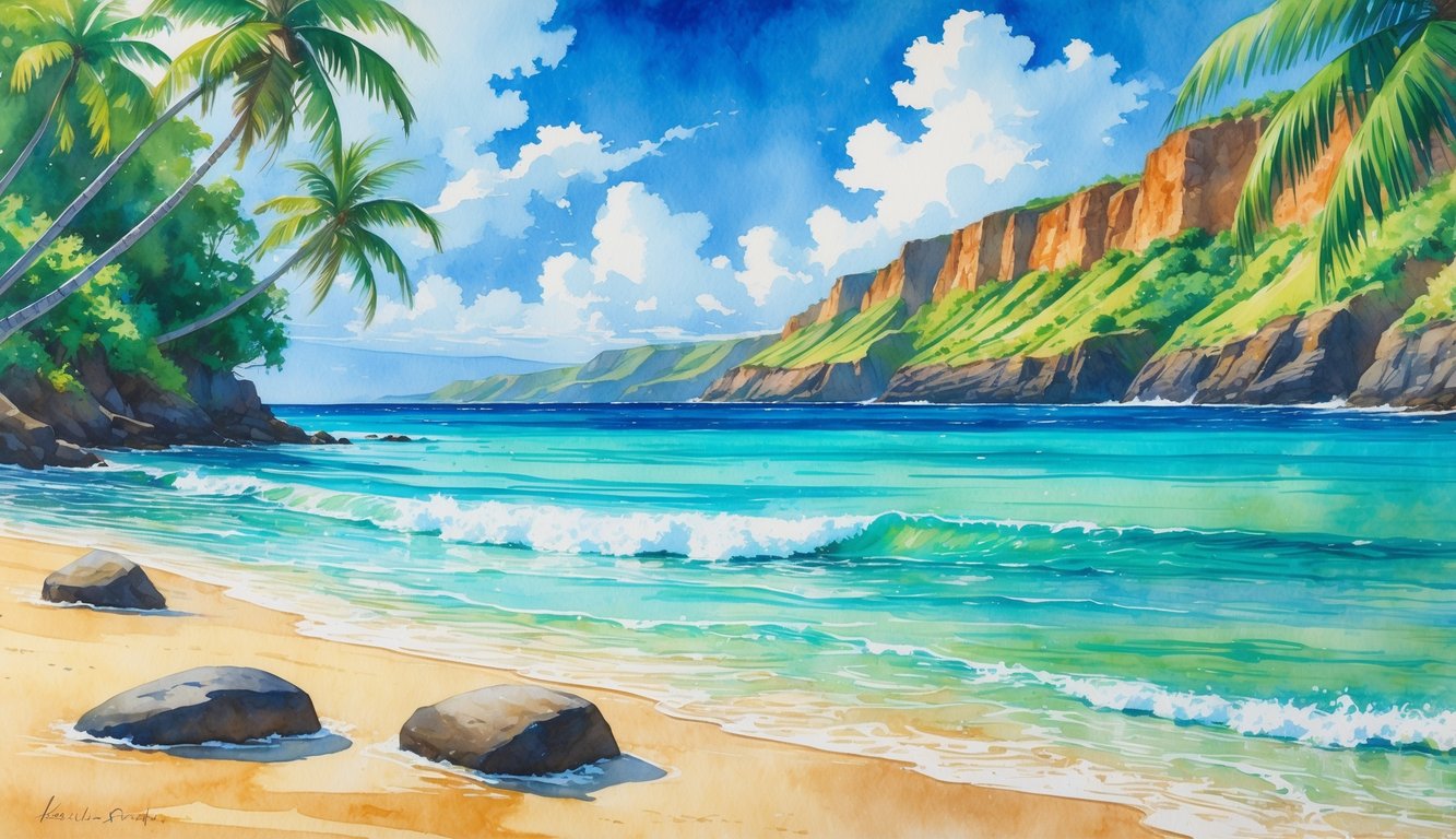A peaceful beach with clear turquoise water, golden sand, green palm trees, and distant cliffs under a blue sky.