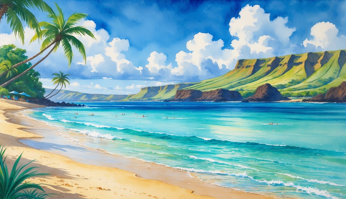 A peaceful beach with clear turquoise water, golden sand, palm trees, and distant hills under a blue sky.