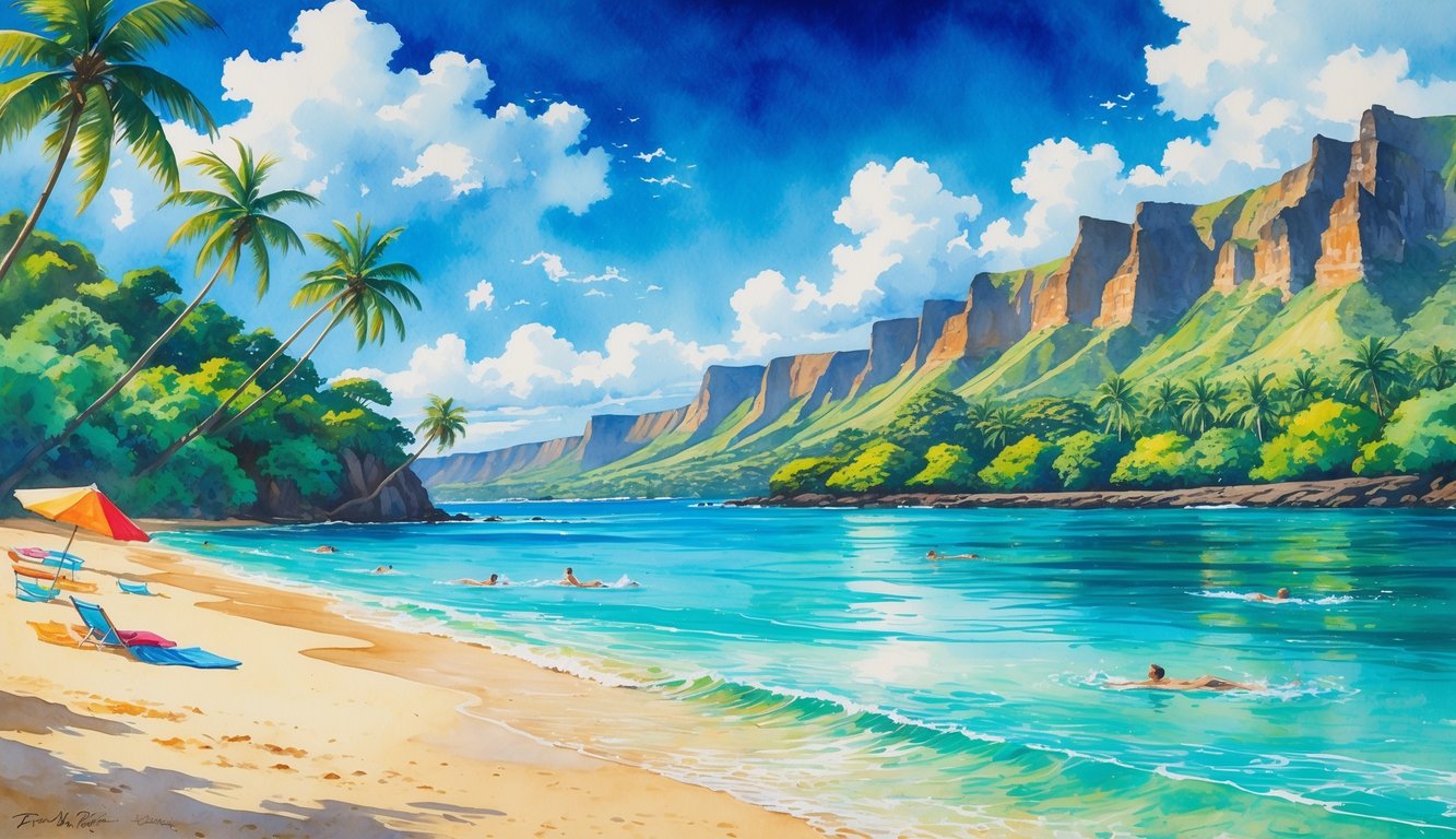 A tropical beach with clear blue water, golden sand, palm trees, and people swimming near the shore.