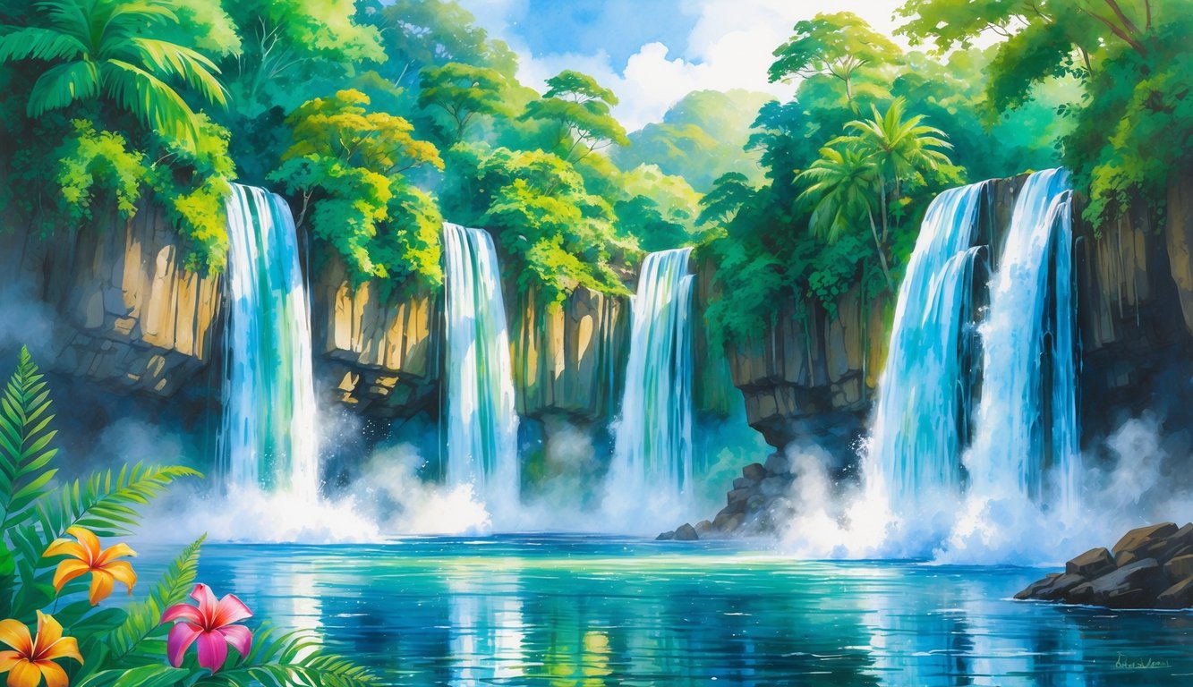 A tropical landscape featuring multiple waterfalls cascading down cliffs surrounded by dense green jungle and clear pools of water.