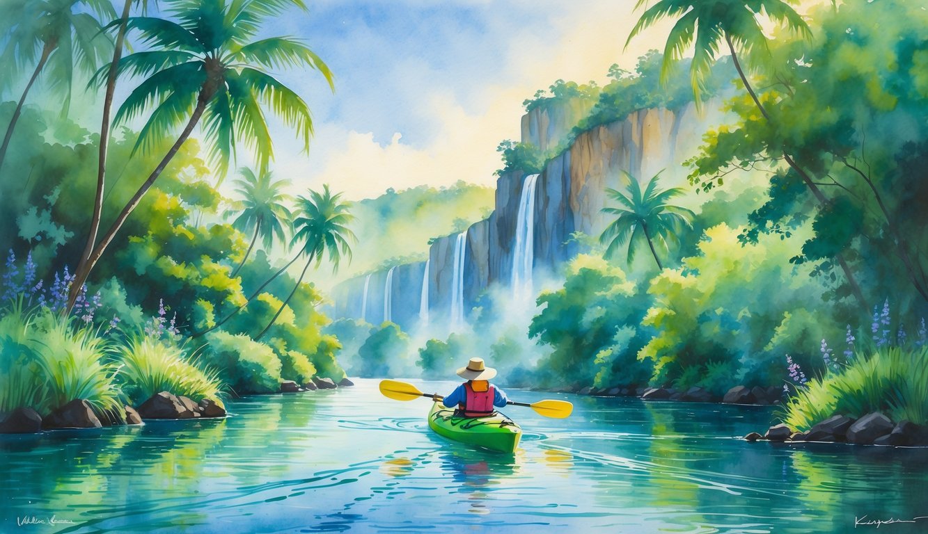 A person kayaking on a calm river surrounded by tropical trees and distant waterfalls.