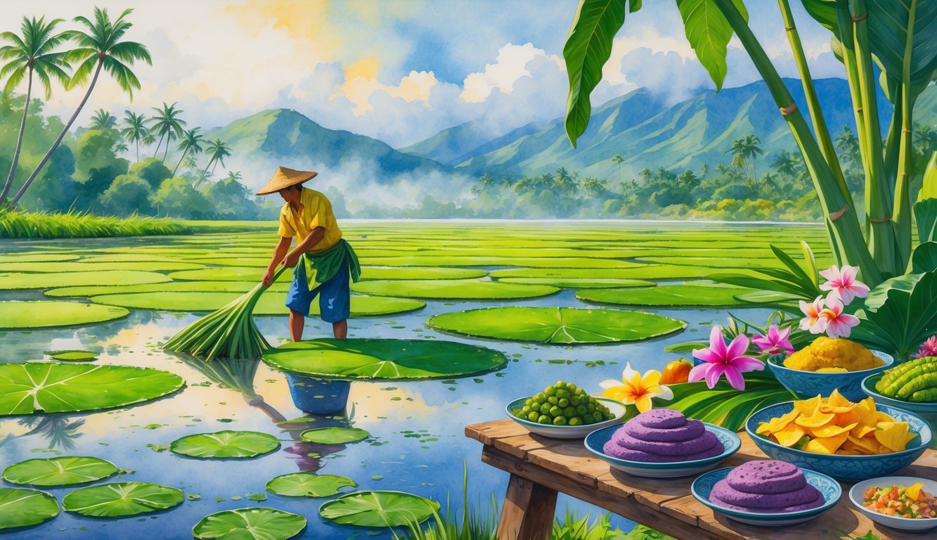 A tropical landscape showing a farmer harvesting taro plants in a wetland with mountains and palm trees in the background, and a table with various taro dishes and tropical fruits nearby.