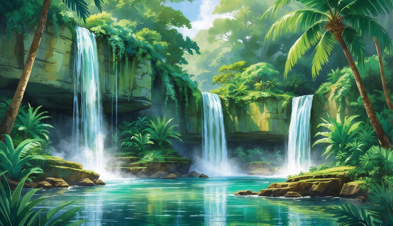 A tropical scene with several waterfalls cascading down cliffs surrounded by lush green plants and trees, flowing into clear pools below.