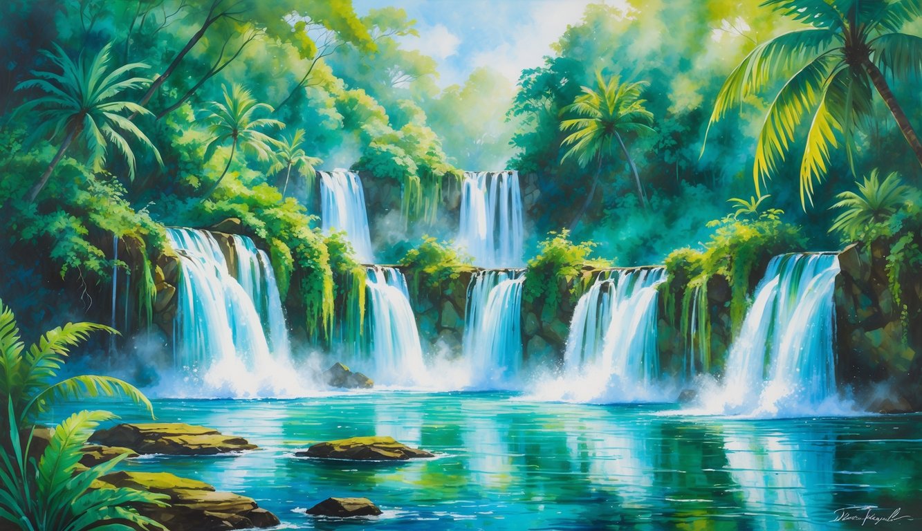 A tropical rainforest scene with several waterfalls flowing into clear pools surrounded by dense green trees and plants.