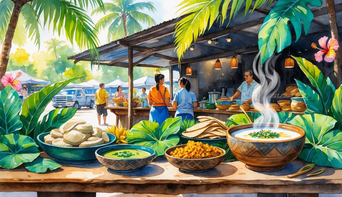 A table with traditional Hawaiian taro dishes surrounded by tropical plants and an open-air market with people enjoying food.