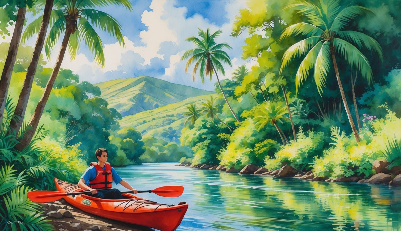 A person preparing a red kayak on the riverbank surrounded by tropical trees and plants along a calm river with hills in the background.