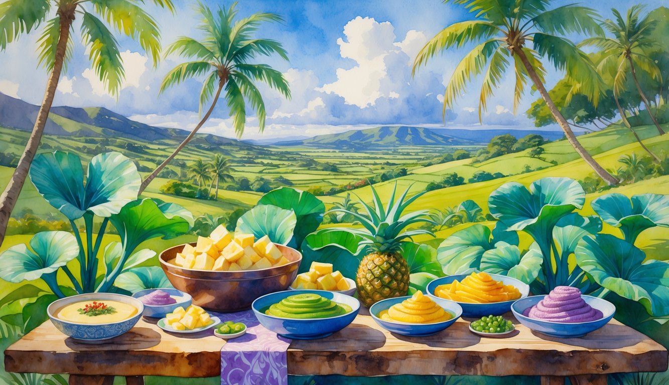 A tropical Kauai scene with taro plants and a wooden table displaying traditional taro dishes and fresh fruits, set against hills and palm trees.