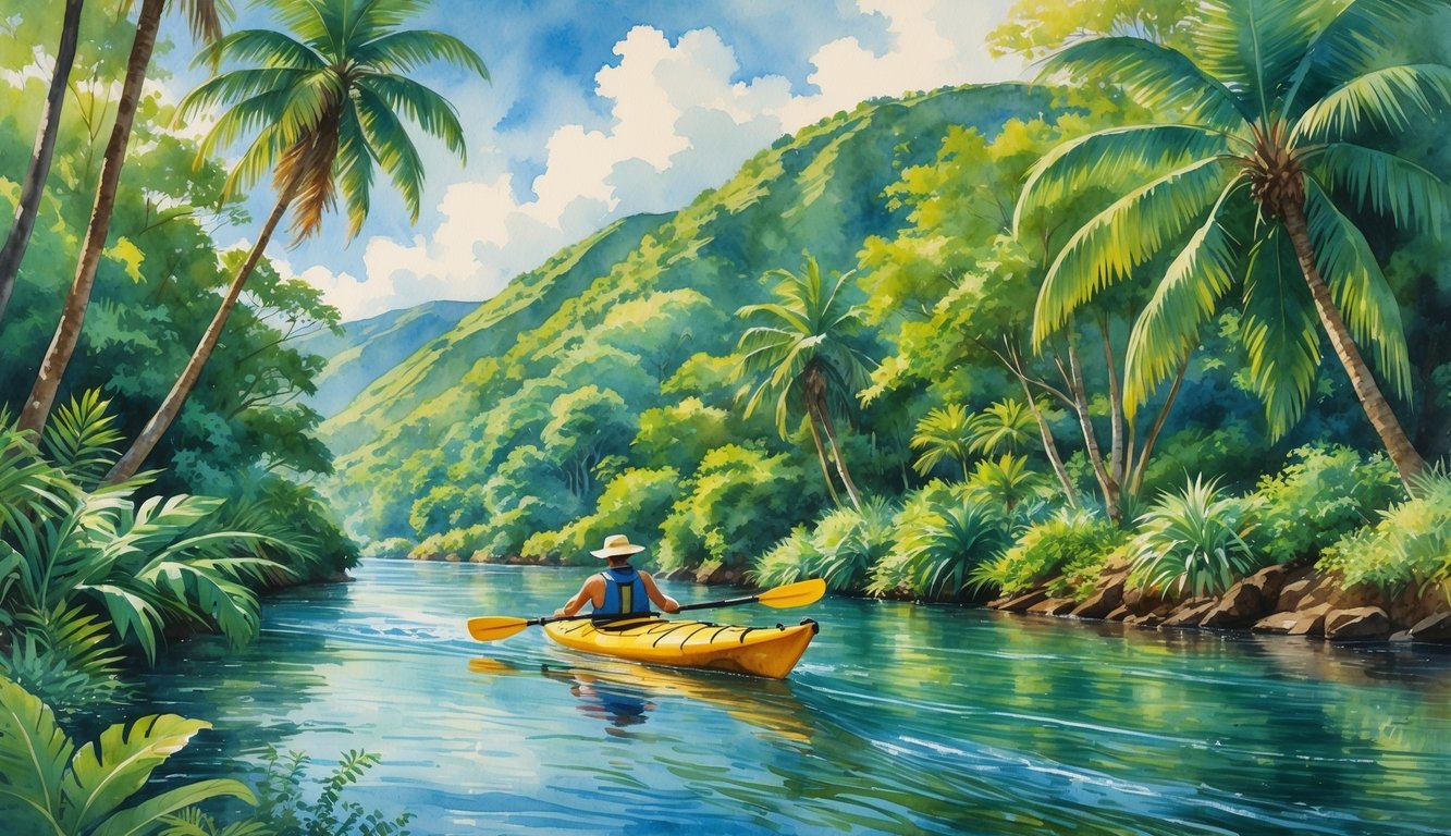 A person kayaking on a calm tropical river surrounded by lush green trees and plants with hills in the background.