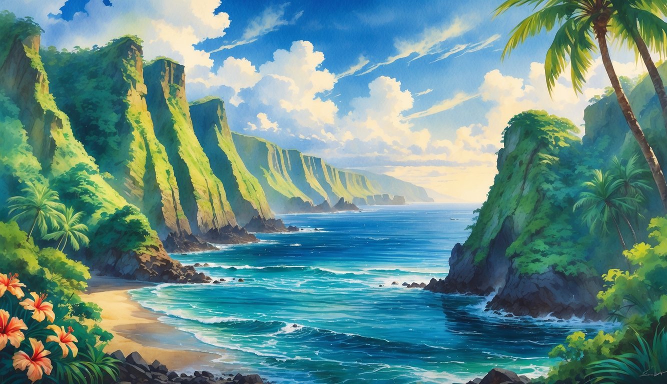 A coastal landscape showing green cliffs overlooking the ocean with tropical trees and distant mountains under a partly cloudy sky.