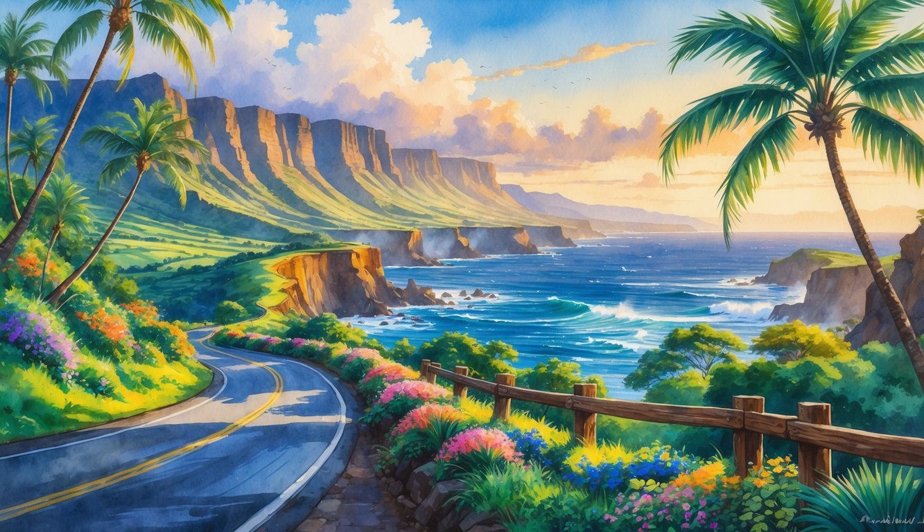 A coastal road winding through lush tropical vegetation with cliffs, ocean waves, waterfalls, and mountains in the distance.