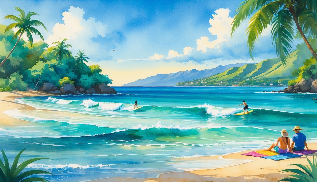 A peaceful beach scene at Hanalei Bay with surfers riding waves, palm trees, mountains in the background, and people relaxing on the sandy shore.