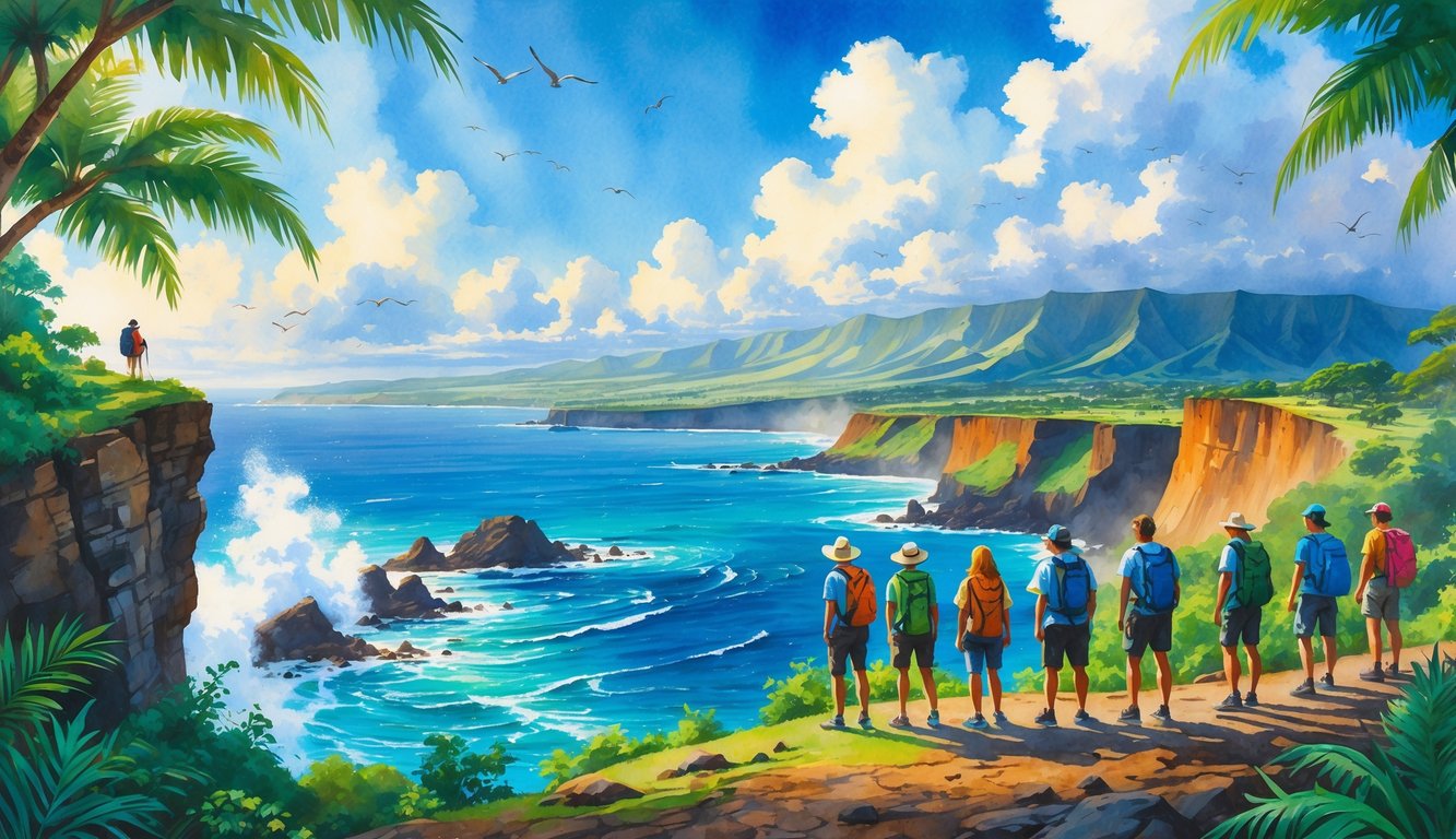 A group of hikers at a cliffside lookout overlooking the ocean, surrounded by tropical trees and distant mountains.