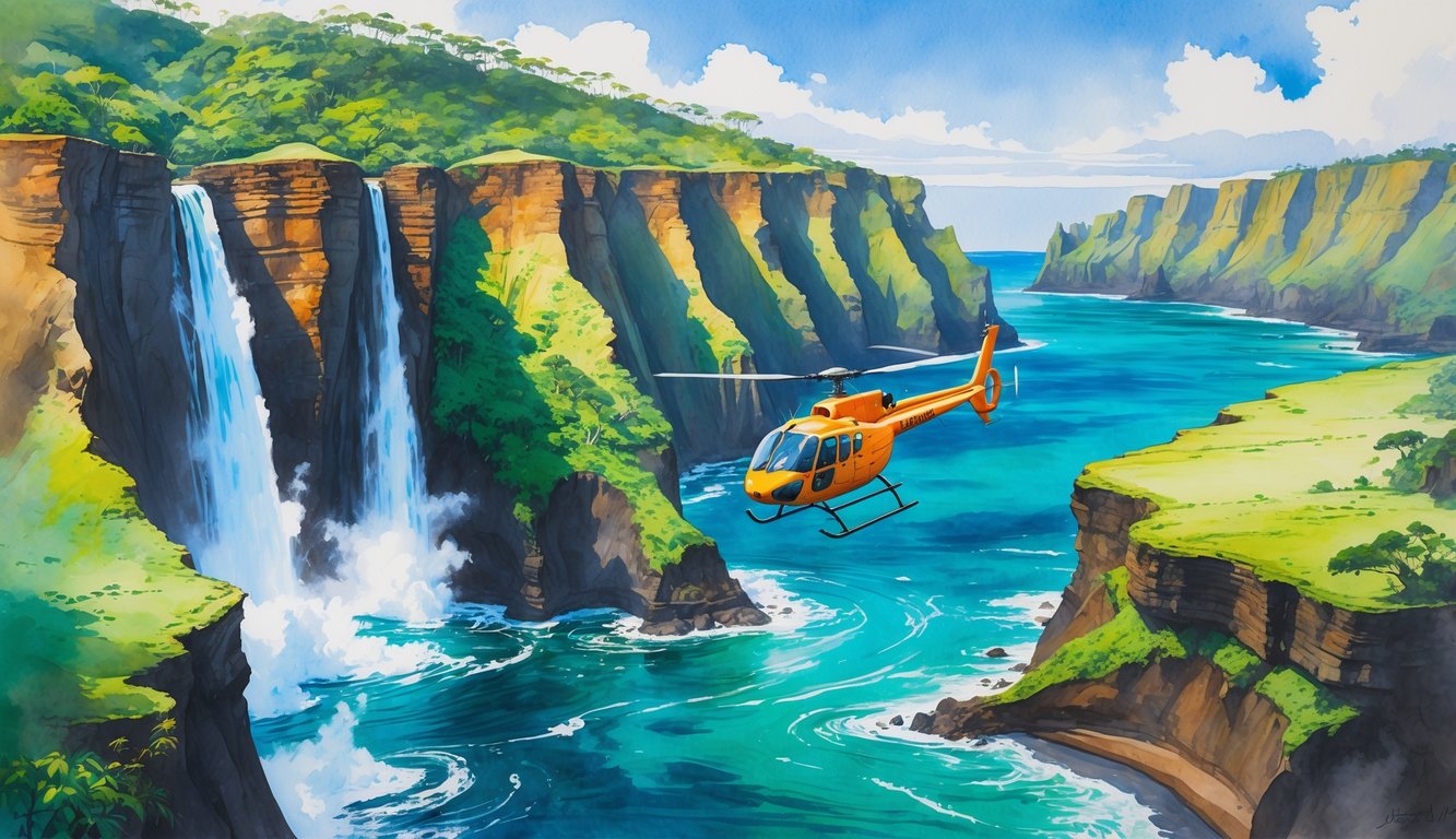 A helicopter flying over a tropical island with cliffs, waterfalls, forests, and the ocean surrounding it.
