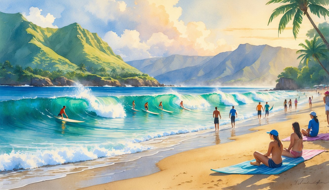 A peaceful beach scene at Hanalei Bay with surfers riding waves, others waiting in the water, green mountains in the background, and people relaxing on the sandy shore.