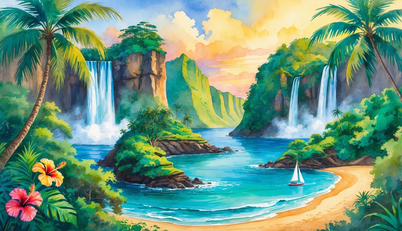 A colorful scene showing tropical landscapes with waterfalls, palm trees, a sandy beach, a sailboat, and a hiking trail surrounded by lush greenery.