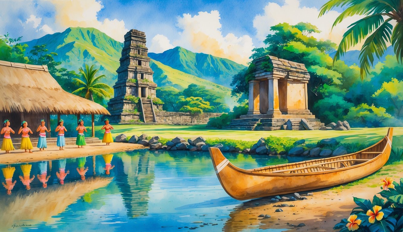 A peaceful riverside scene with a traditional Hawaiian canoe, dancers near a thatched hut, an ancient stone temple, and green mountains under a blue sky.