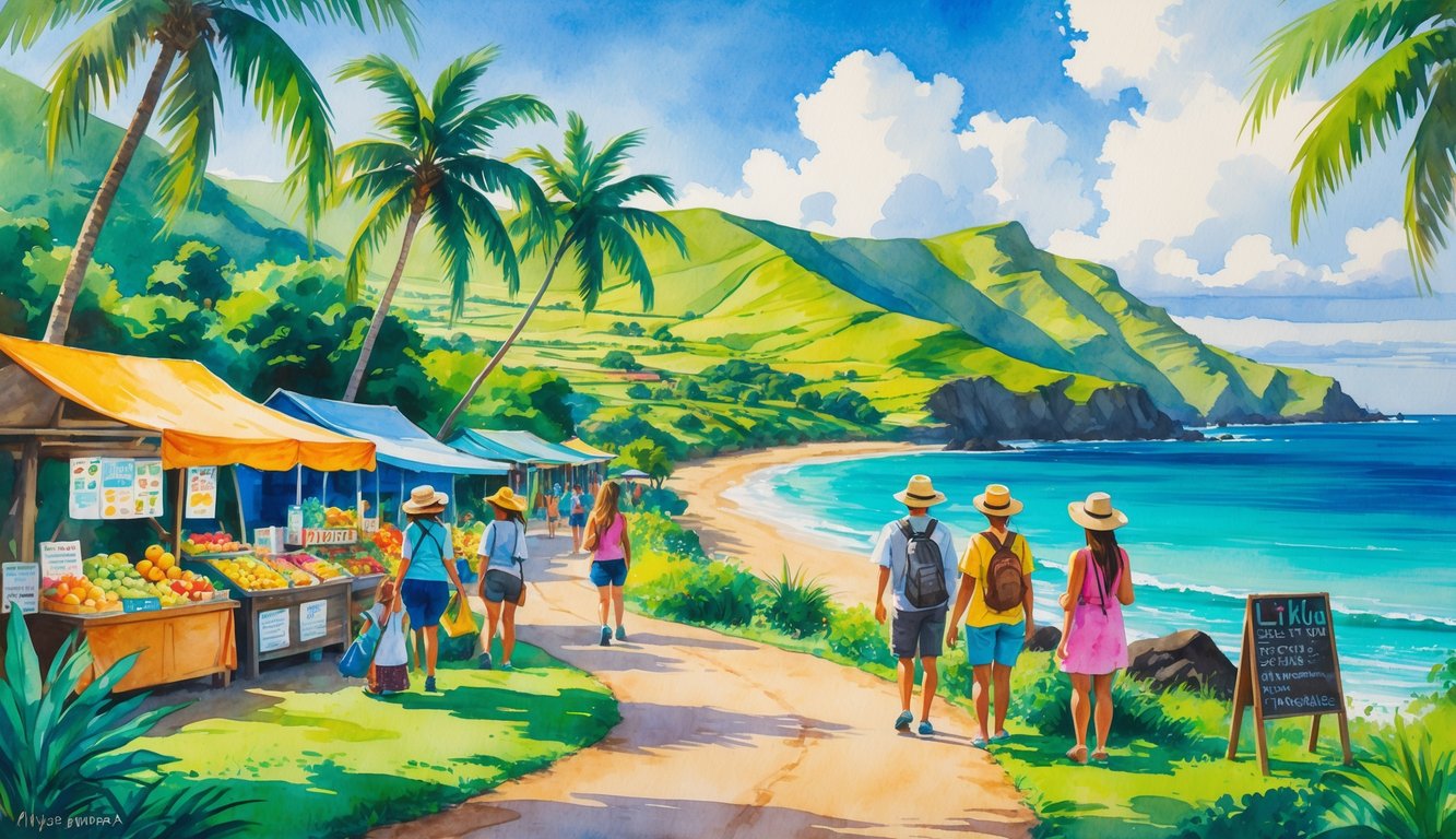 A tropical coastal scene with palm trees, a beach, market stalls with fruits and crafts, hills, waterfalls, and people enjoying a day outdoors.