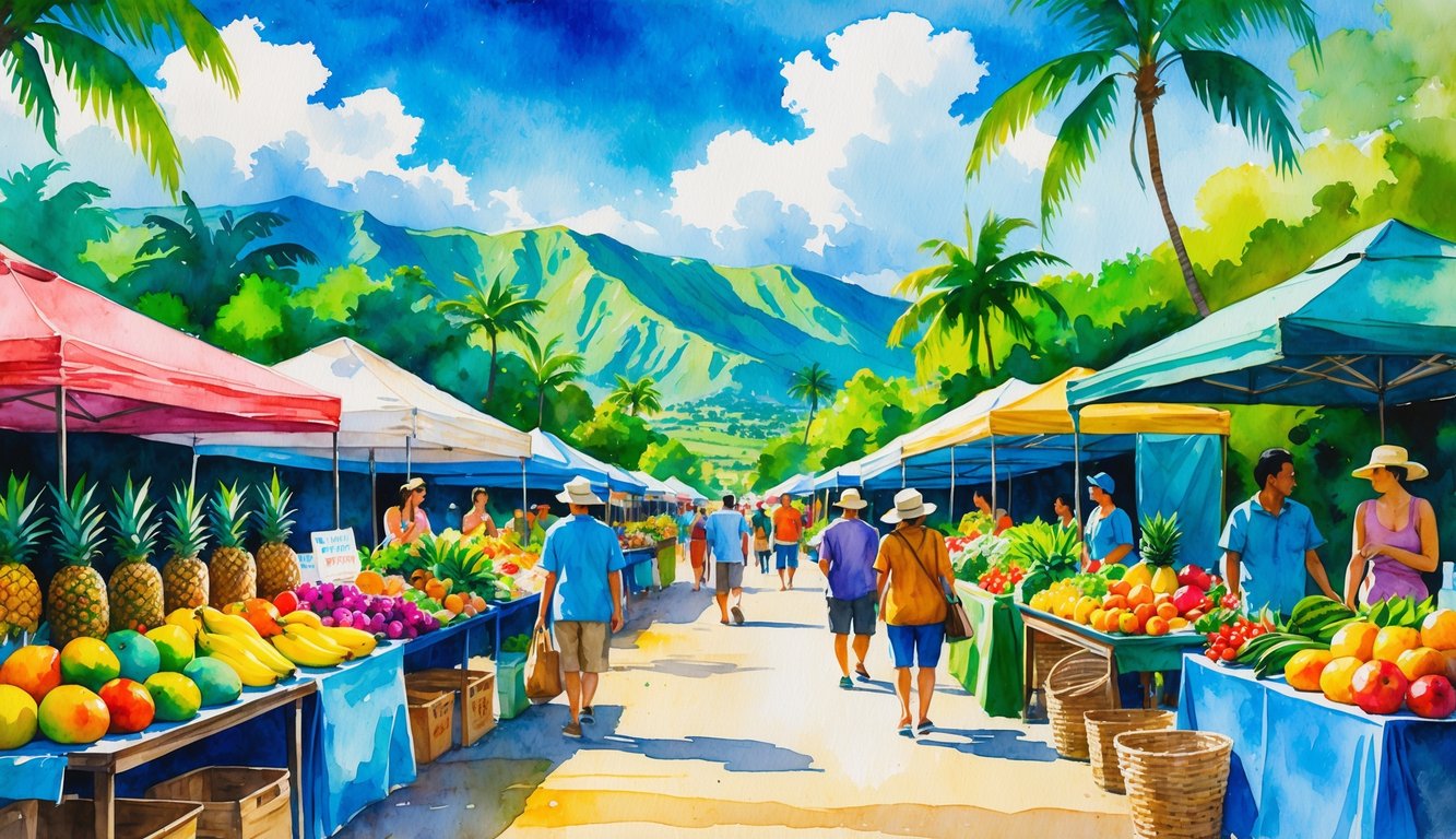 A busy outdoor farmers' market in Kauai with colorful fruits, flowers, shoppers, and green mountains in the background.