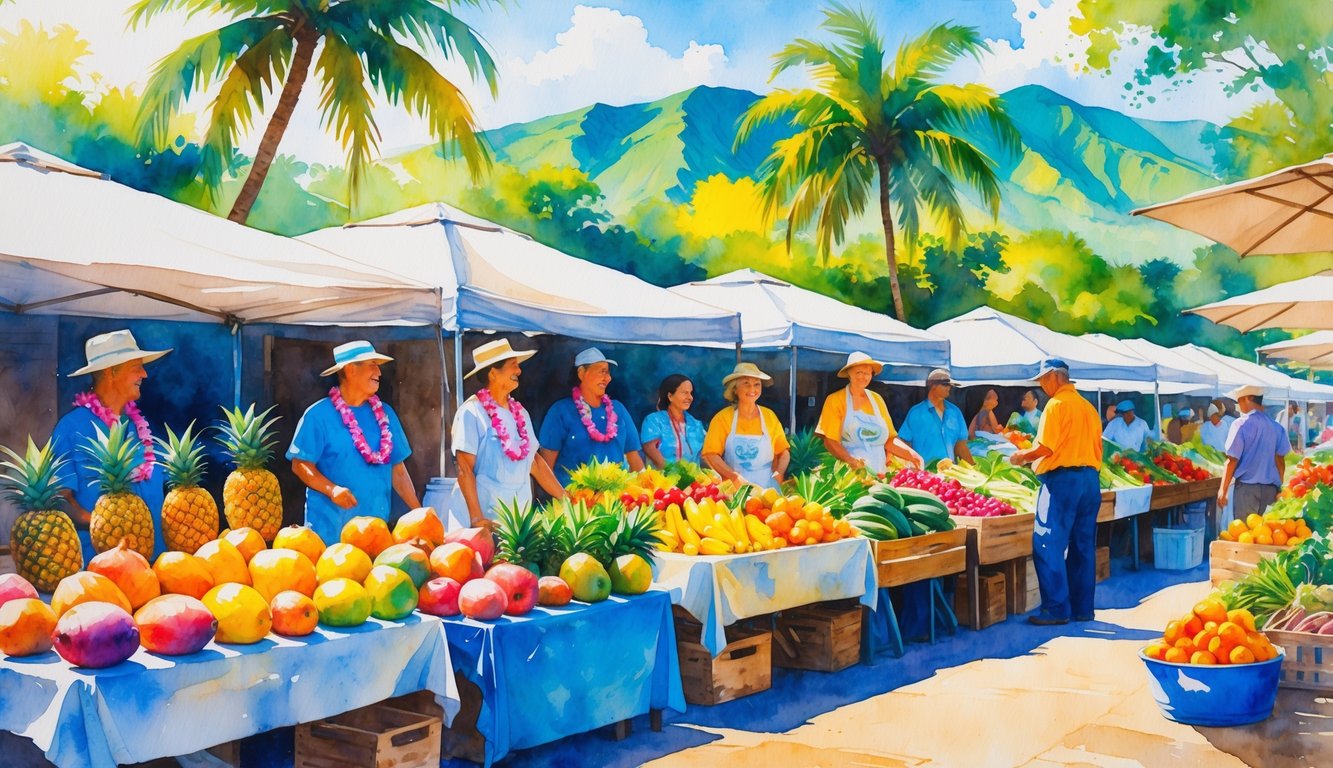 An outdoor farmers' market in Kauai with colorful fruits, vegetables, vendors, shoppers, palm trees, and mountains in the background.