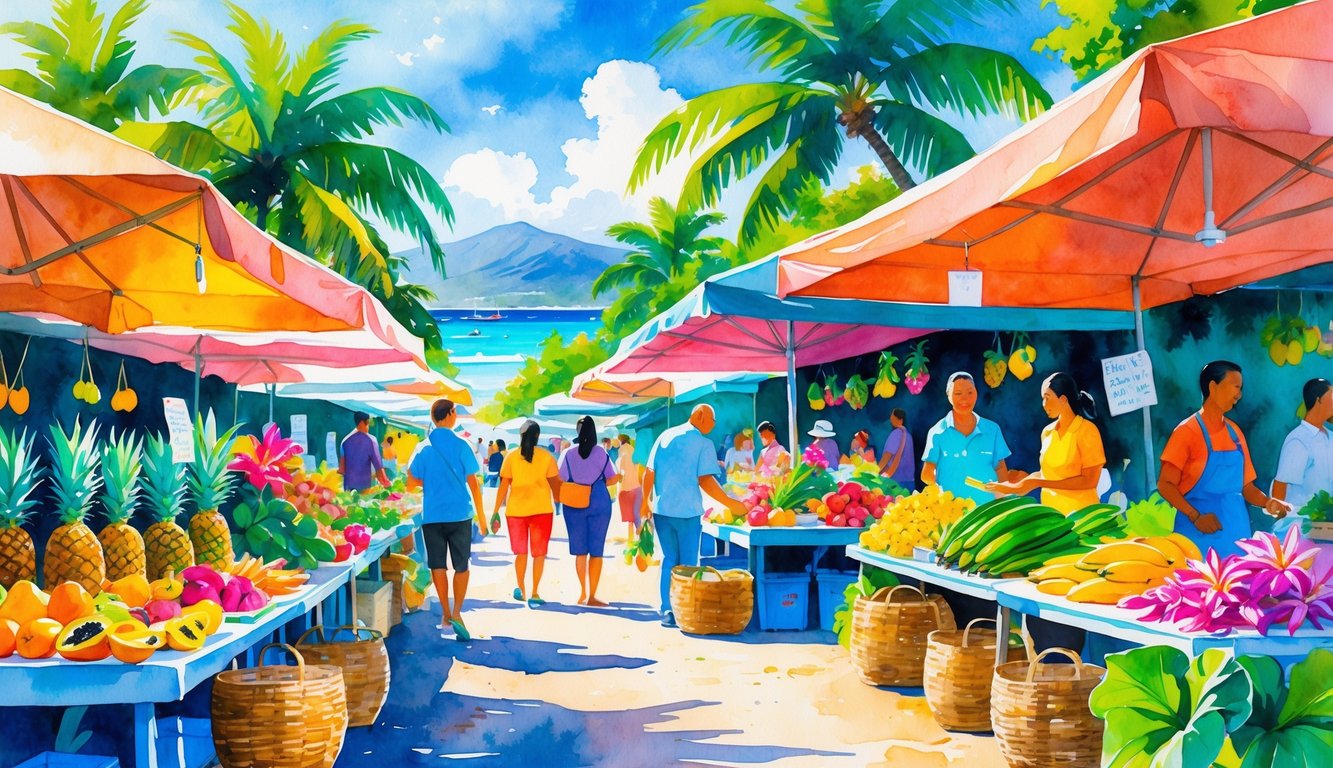 Outdoor farmers market in Kauai with colorful fresh fruits, tropical flowers, shoppers, palm trees, and ocean in the background.