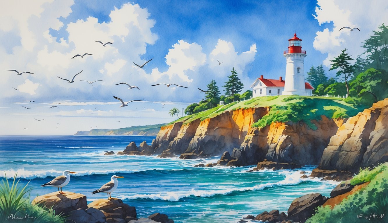 A lighthouse on a cliff by the ocean with seabirds flying and resting nearby, surrounded by green plants and rocky shores.