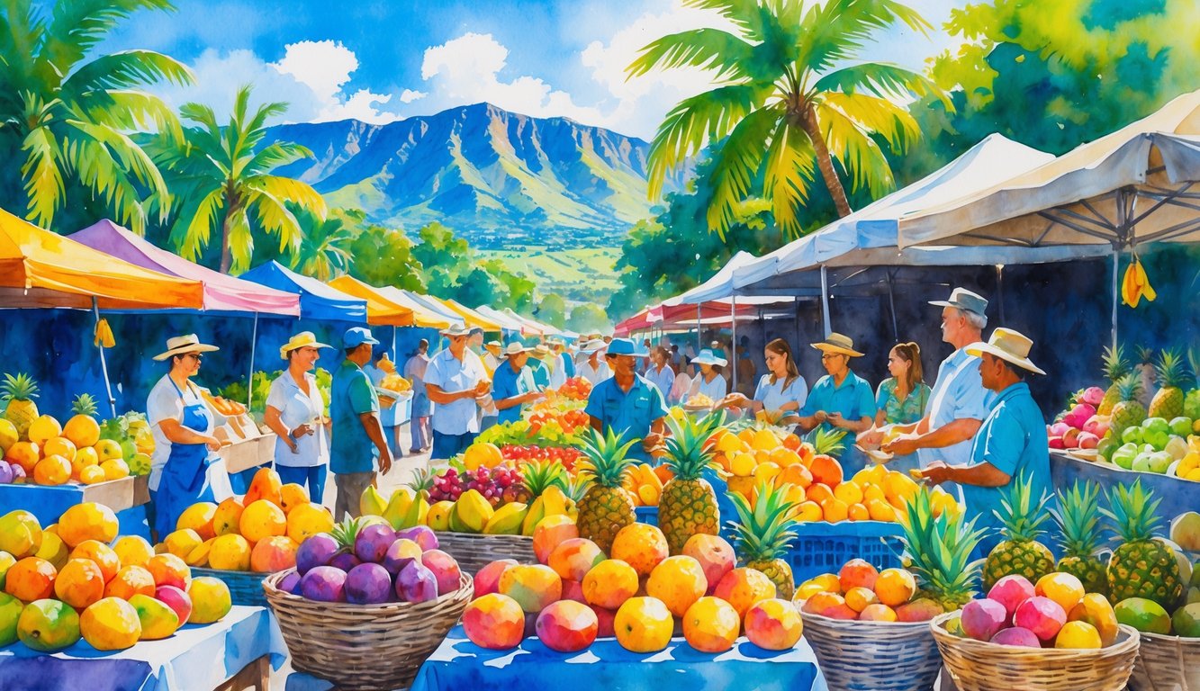 A busy outdoor farmers’ market on Kauai with vendors and shoppers surrounded by tropical fruits, palm trees, and mountains in the background.