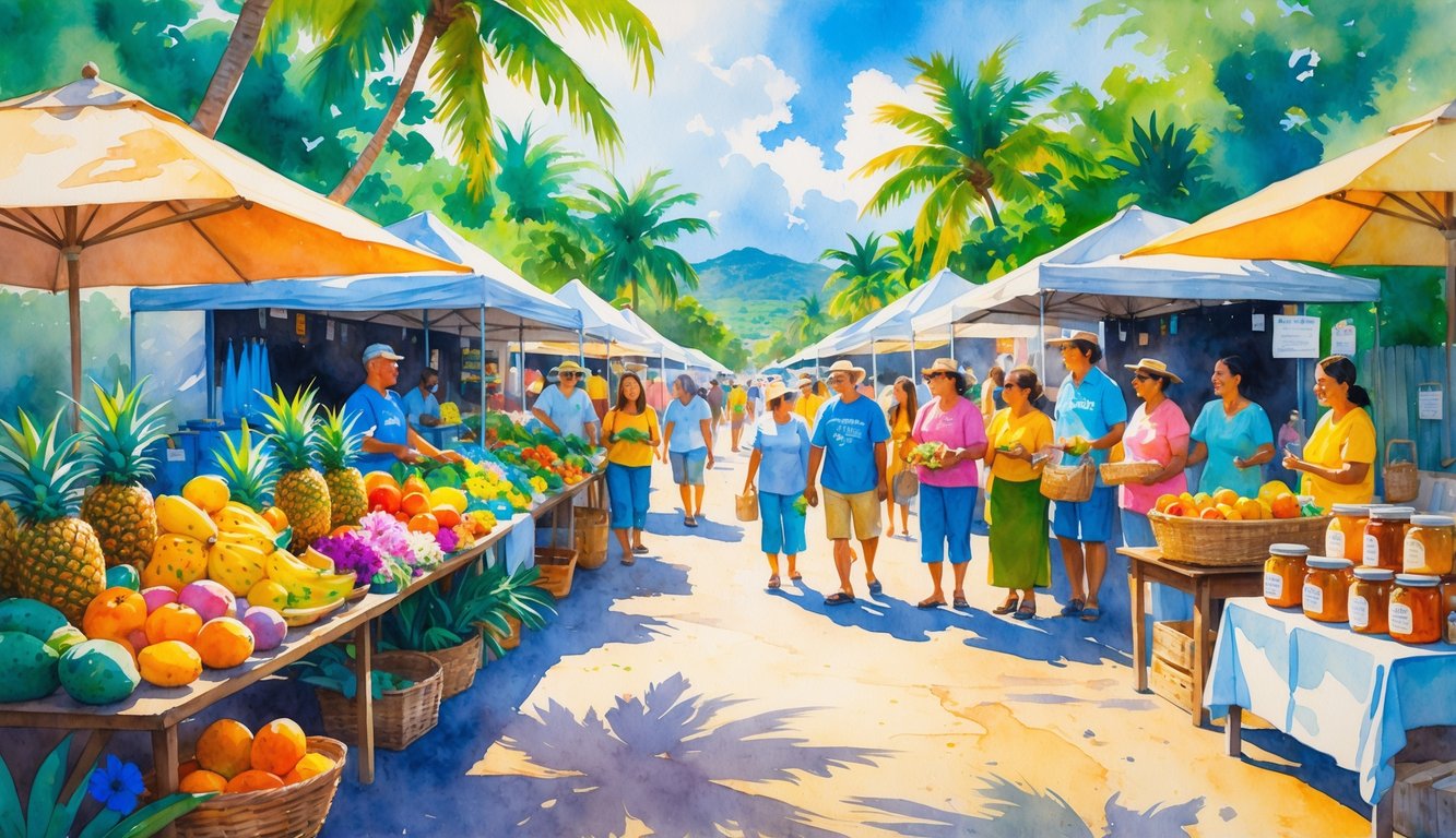 A lively outdoor farmers' market in Kauai with stalls of fresh tropical fruits, flowers, and local goods surrounded by palm trees and smiling people.