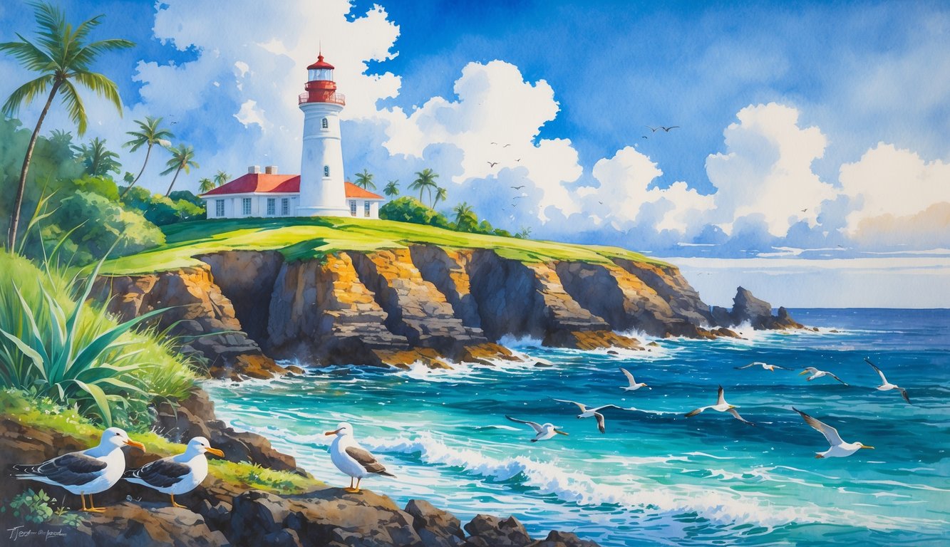 A lighthouse on a rocky cliff by the ocean with seabirds flying and resting nearby, surrounded by green plants and blue sky.