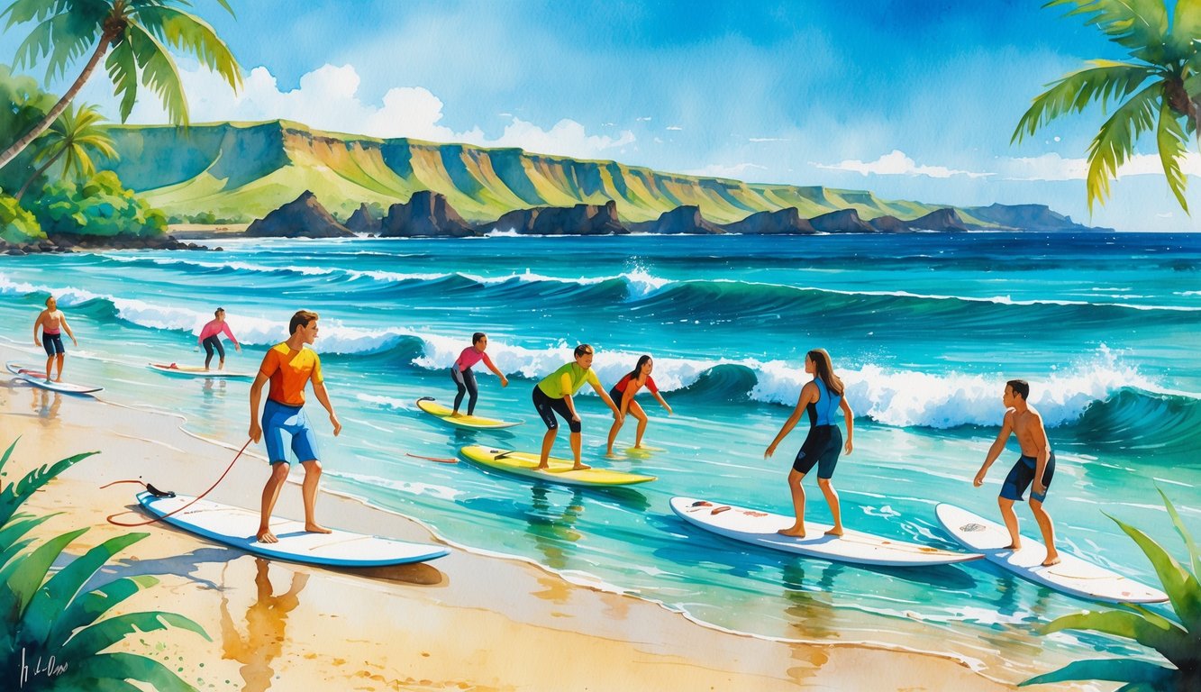 A beach scene with surfers learning to surf in gentle waves near a tropical shoreline with palm trees and cliffs in the background.